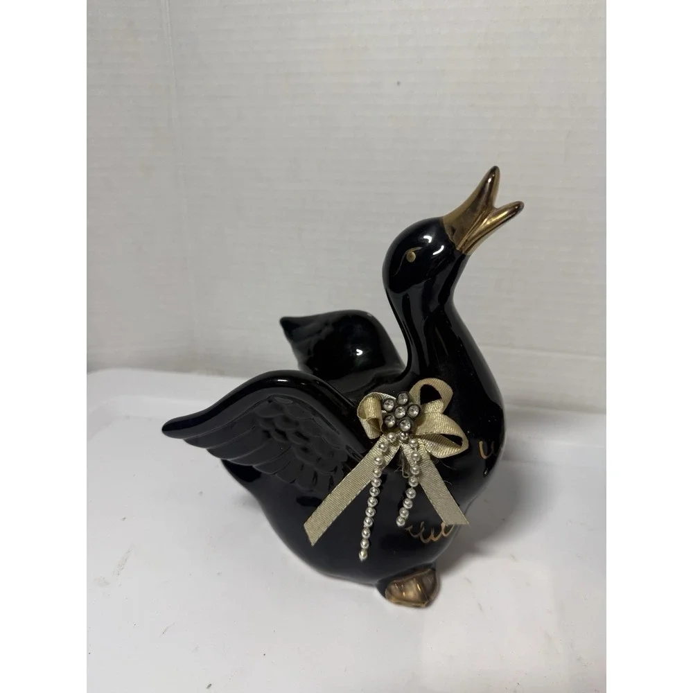 VTG Black Gold Ceramic Ducks Set Animal Figurines Made In Taiwan 6